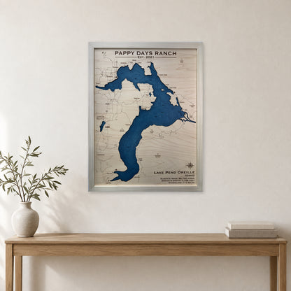 Pend Pappy Days wood map — single layer with engraved contours, staged room mockup
