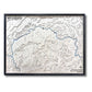 Custom wooden topographic map with a black frame on a white background