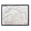 Custom wooden topographic map with a black frame on a white background