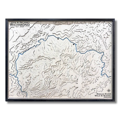 Custom wooden topographic map with a black frame on a white background