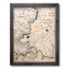 Wooden multilayer topographic map with water features and personalized text. 
