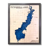 Petenwell Lake multi water layer map with dark blue water stain and a brown frame. 