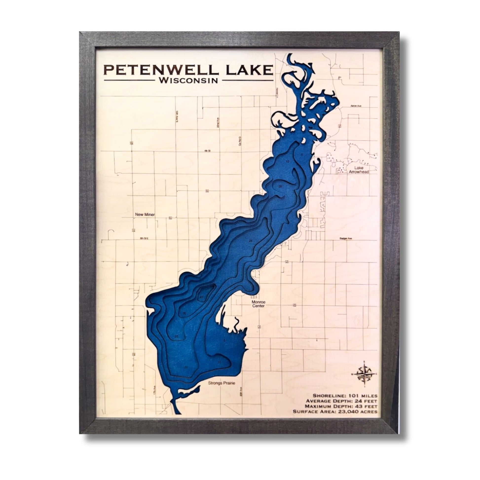 Petenwell Lake multi water layer map with dark blue water stain and a brown frame. 