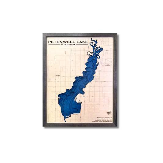 Petenwell Lake, Wisconsin, 3D water map on a white background. 