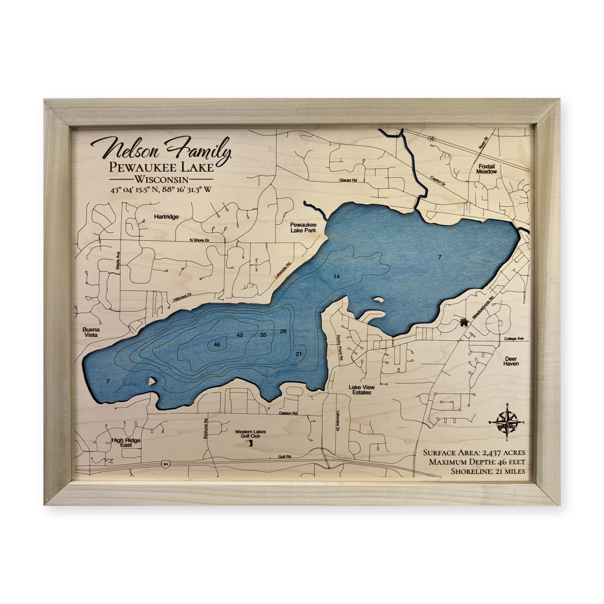 Pewaukee Lake wood map — single layer with engraved contours, white background