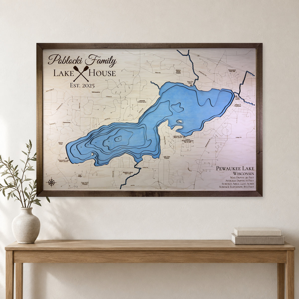 Pewaukee Poblocki wood map — multilayer, staged room mockup