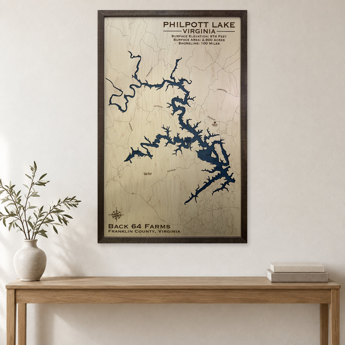 Philpott Back64 wood map — single layer, staged room mockup