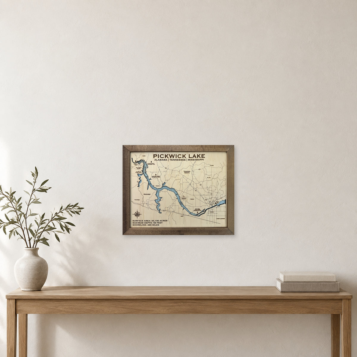 Pickwick Engraved wood map — single layer with engraved contours, staged room mockup