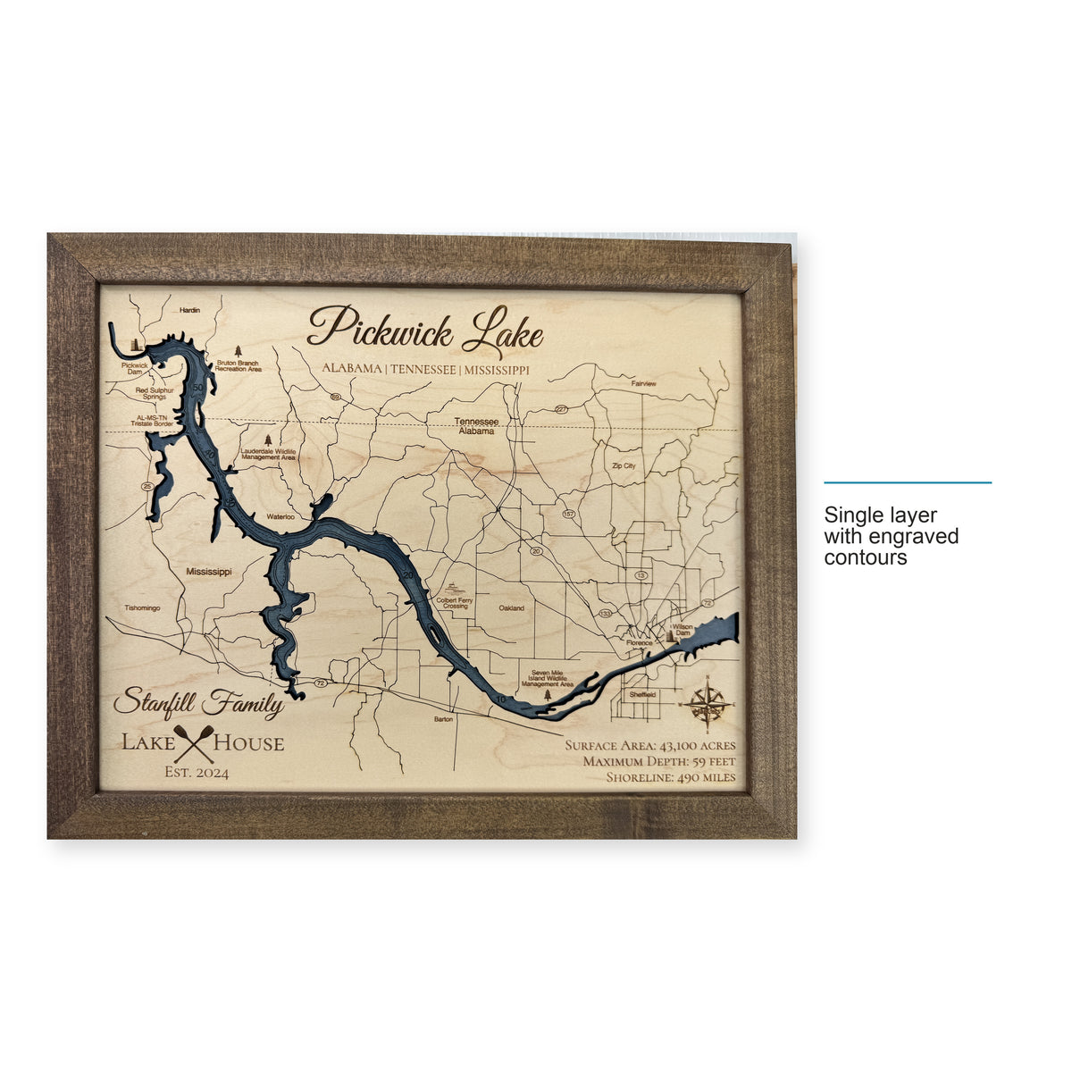 Pickwick Stanfill wood map — single layer with engraved contours, layer option shown