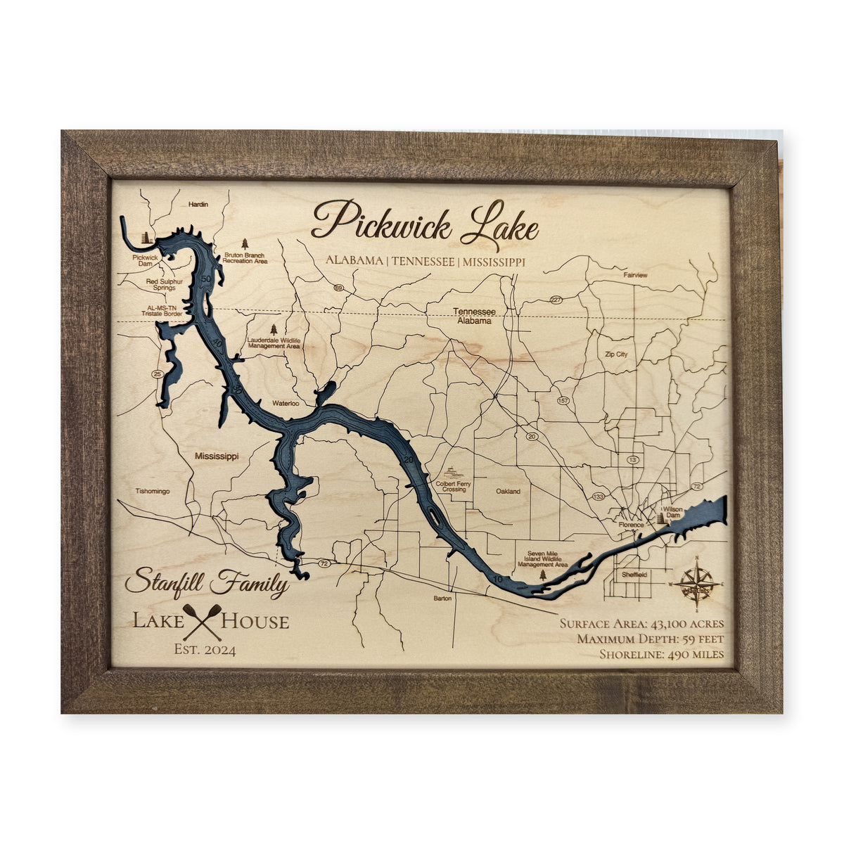 Pickwick Stanfill wood map — single layer with engraved contours, white background