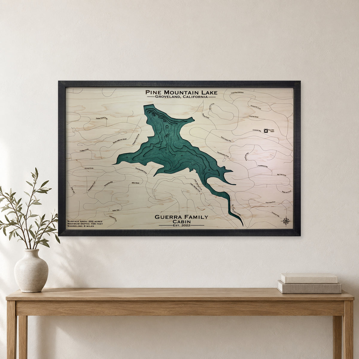 Pine Mountain Guerra wood map — multilayer, staged room mockup