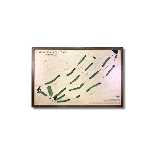 Framed wooden golf map of Pinetop Country Club in Arizona on a white background.