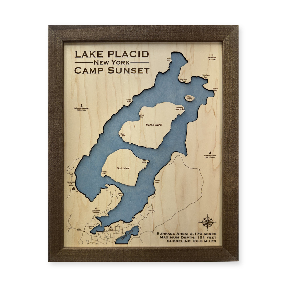 Placid Camp Sunset wood map — single layer, white background