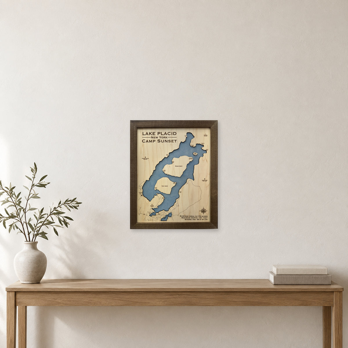 Placid Camp Sunset wood map — single layer, staged room mockup
