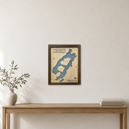 Placid Camp Sunset wood map — single layer, staged room mockup