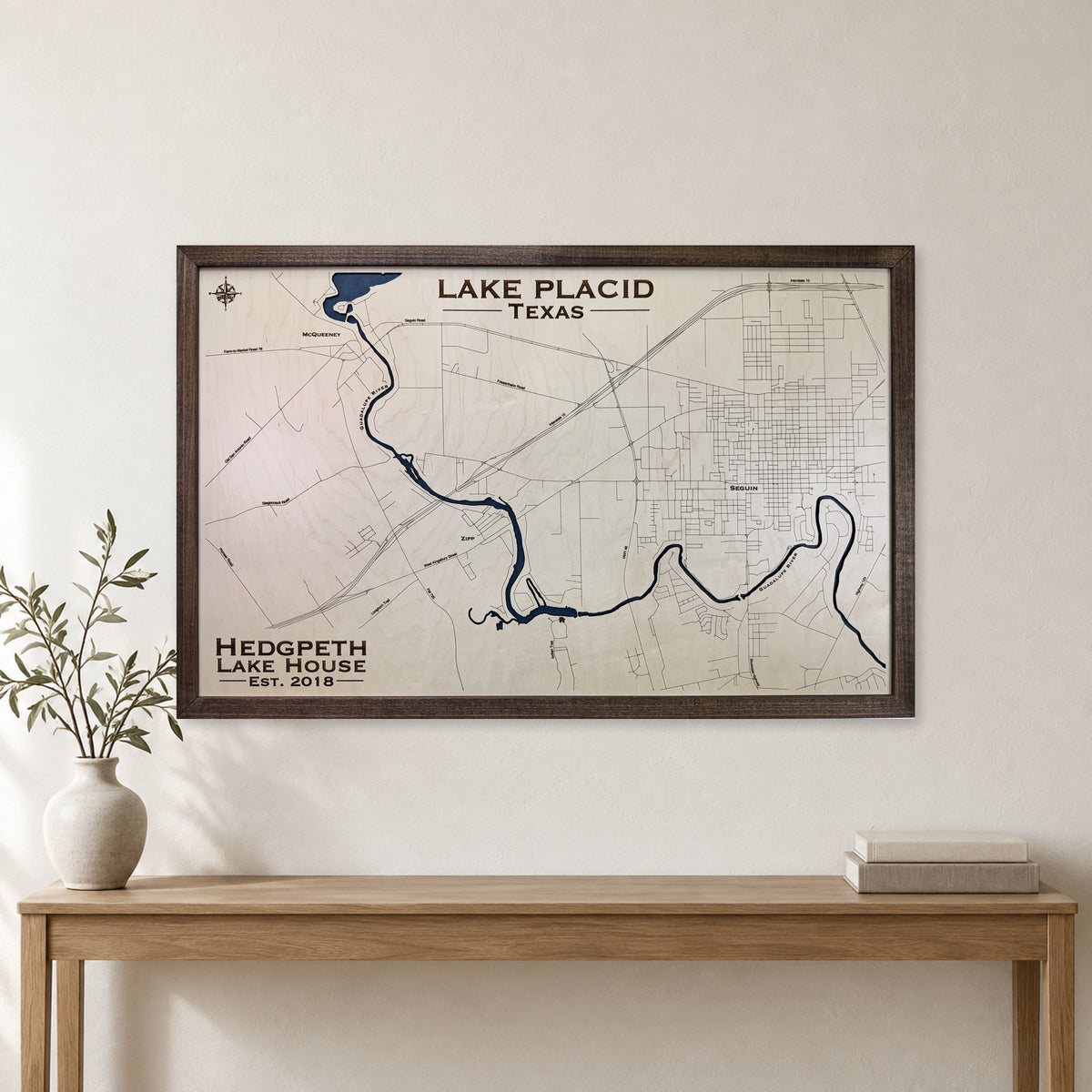 Placid Hedgpeth wood map — single layer, staged room mockup