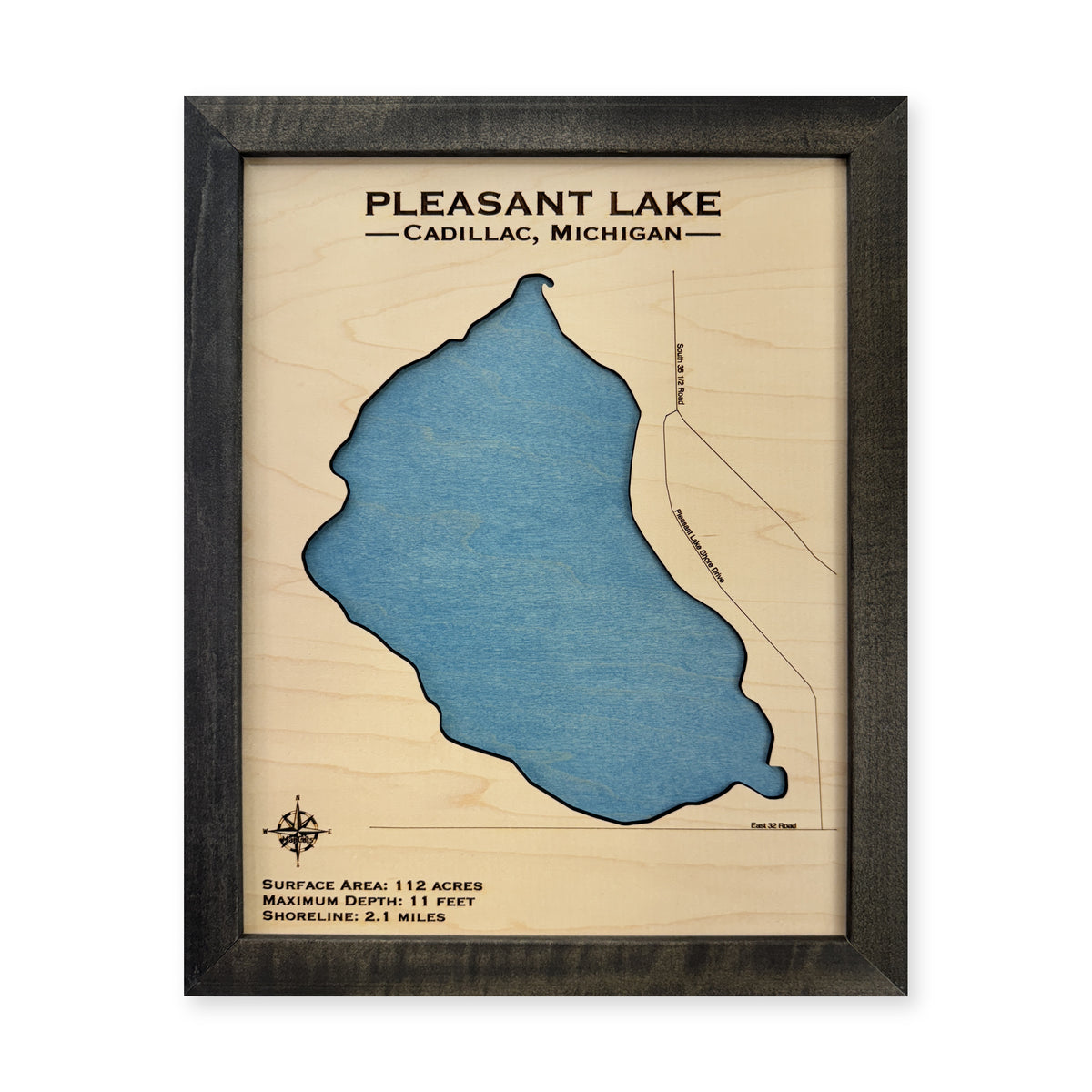 Pleasant Lake Cadillac wood map — single layer, white background