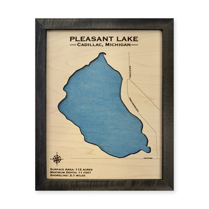 Pleasant Lake Cadillac wood map — single layer, white background