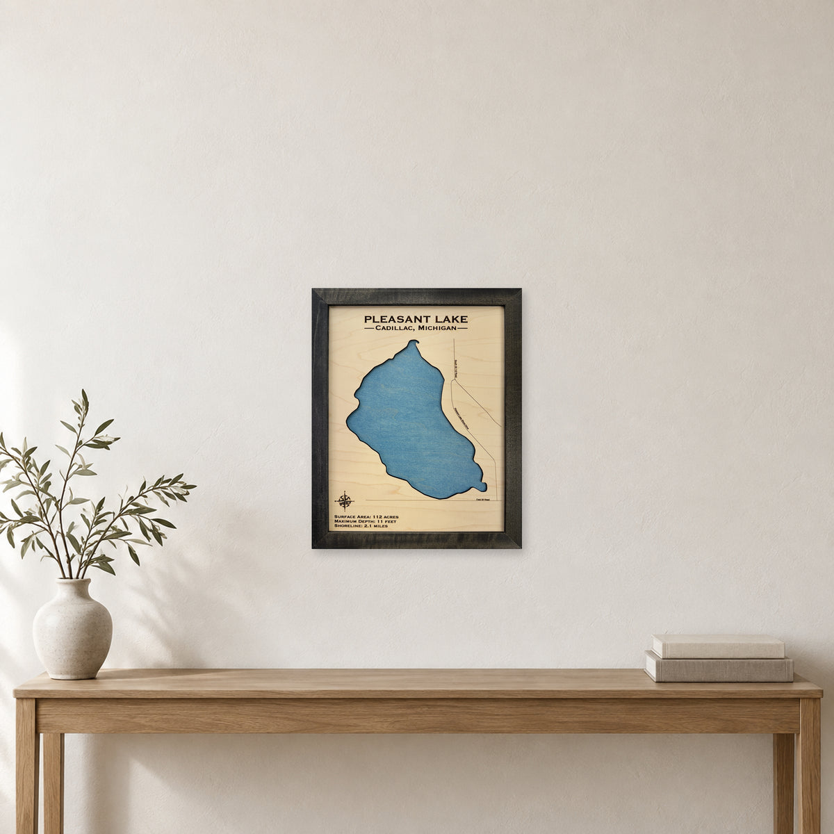 Pleasant Lake Cadillac wood map — single layer, staged room mockup
