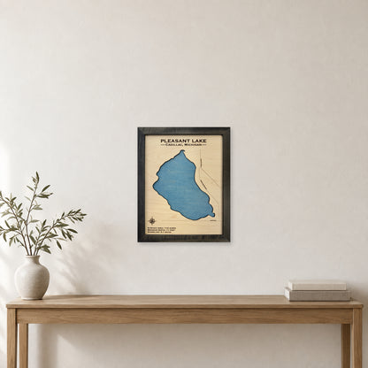 Pleasant Lake Cadillac wood map — single layer, staged room mockup