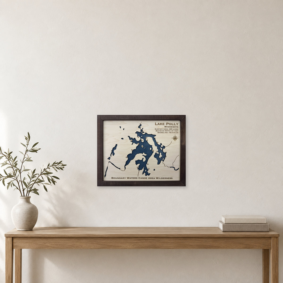 Polly Boundary Waters wood map — single layer, staged room mockup