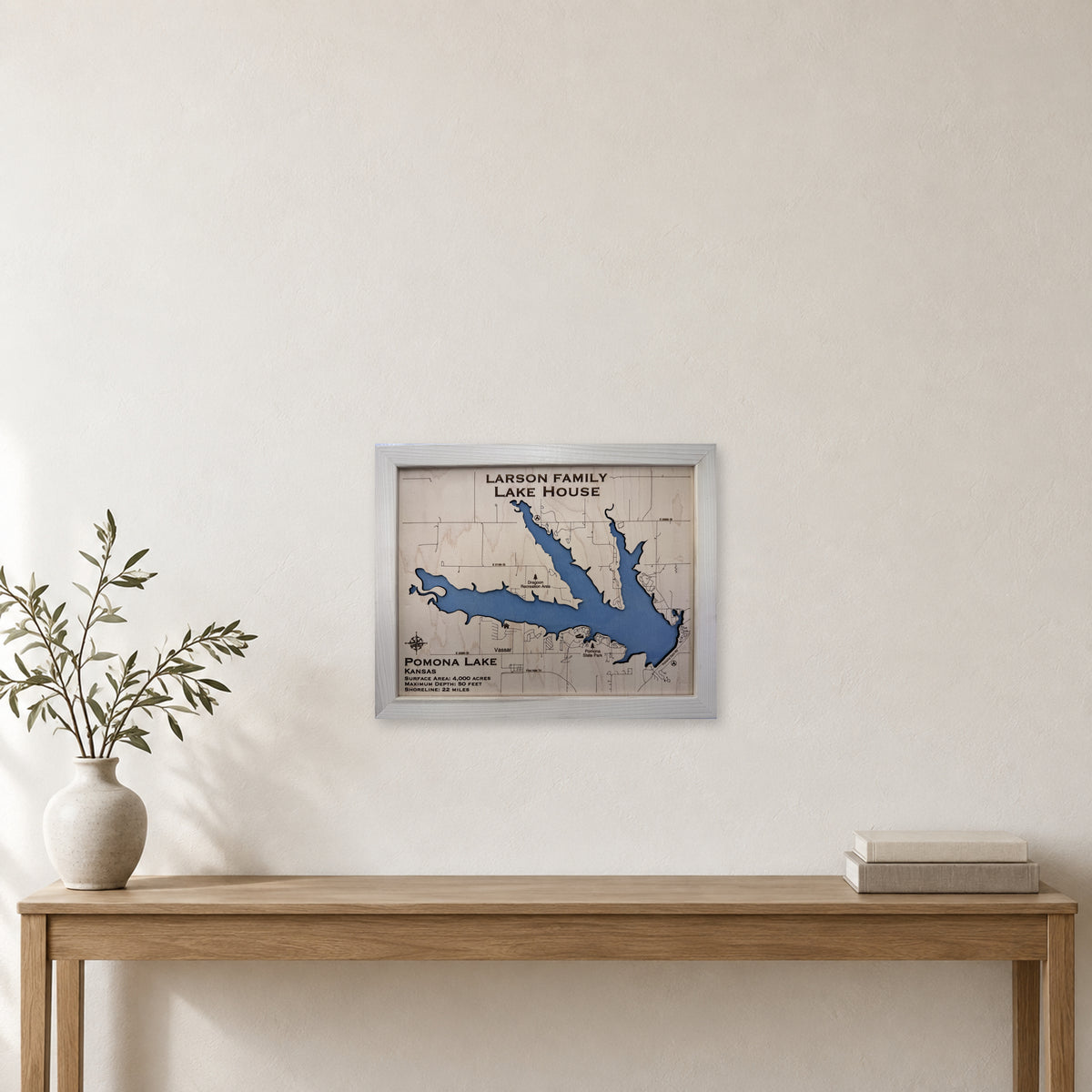 Pomona Larson wood map — single layer, staged room mockup