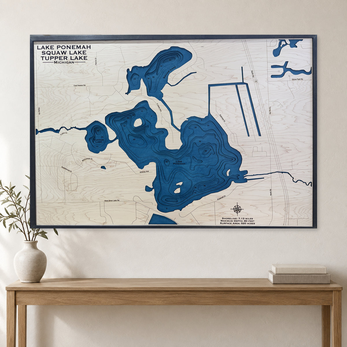 Ponemah Chain wood map — multilayer, staged room mockup