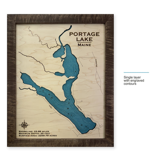Portage Lake Maine wood map — single layer with engraved contours, layer option shown