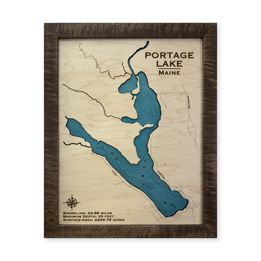 Portage Lake Maine wood map — single layer with engraved contours, white background