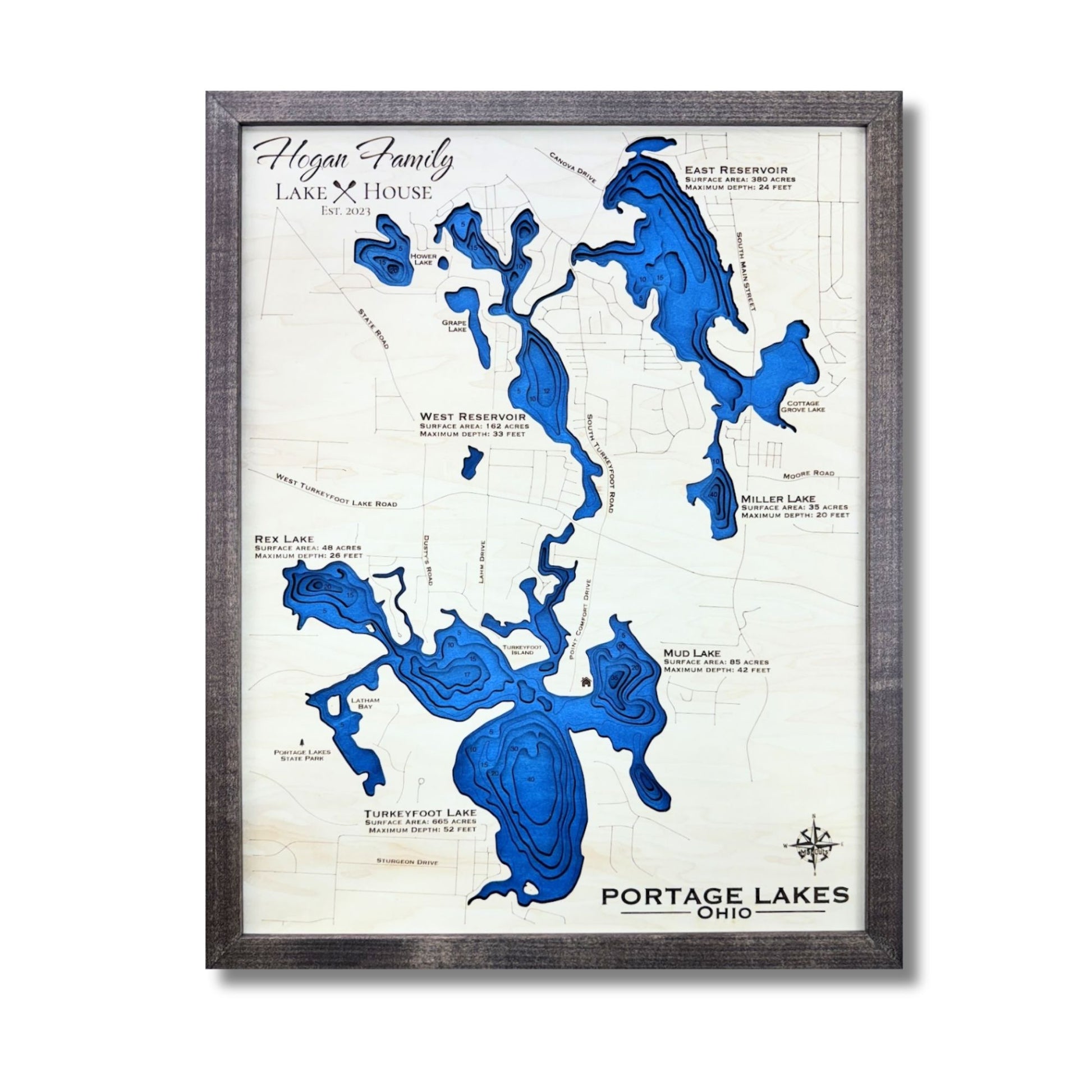 Custom Portage Lakes map with personalized family name. 