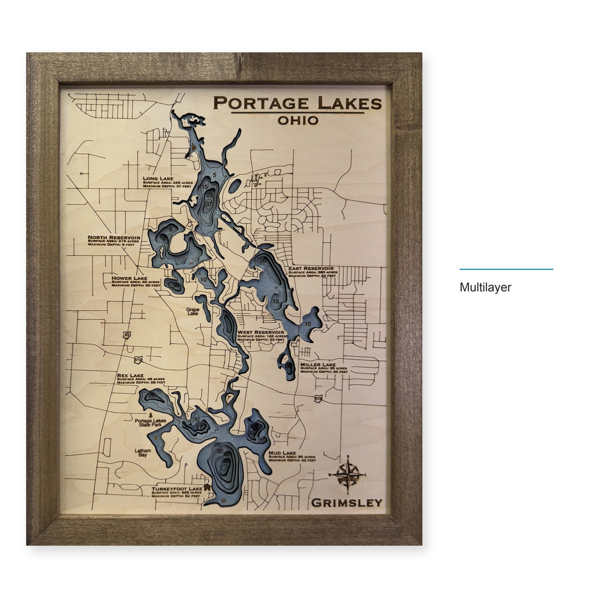 Portage Lakes, Summit County, OH, Wood Map — multilayer example, layer option shown