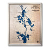 Wooden Portage Lakes map with natural frame and dark blue water stain. 