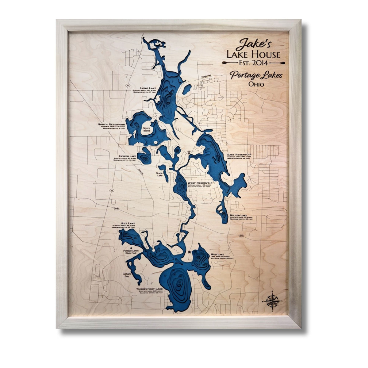 Wooden Portage Lakes map with natural frame and dark blue water stain. 