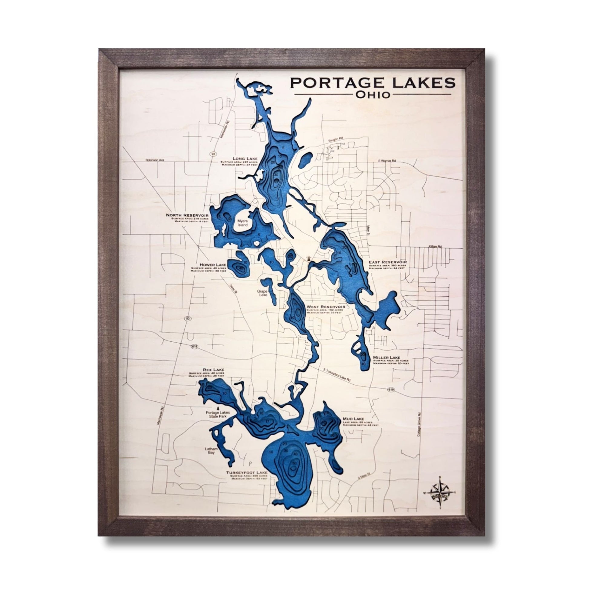 Map of Portage Lakes, Ohio with a brown walnut wooden frame