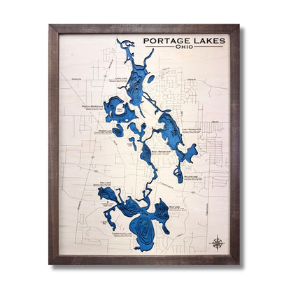 Map of Portage Lakes, Ohio with a brown walnut wooden frame