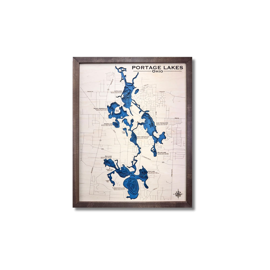 Wooden multi water layer map of Portage Lakes in Ohio with dark blue water stain and a walnut brown frame. 