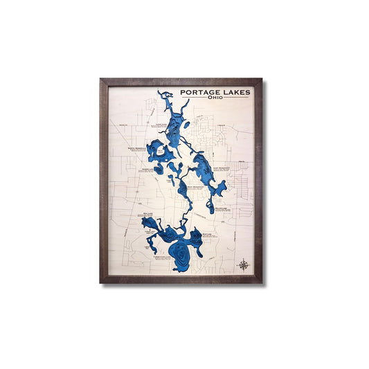 Wooden multi water layer map of Portage Lakes in Ohio with dark blue water stain and a walnut brown frame. 