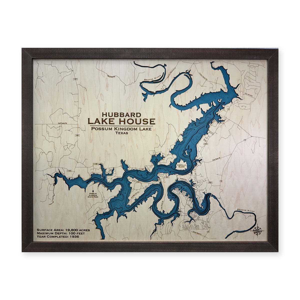 Possum Kingdom Hubbard wood map — multilayer, white background