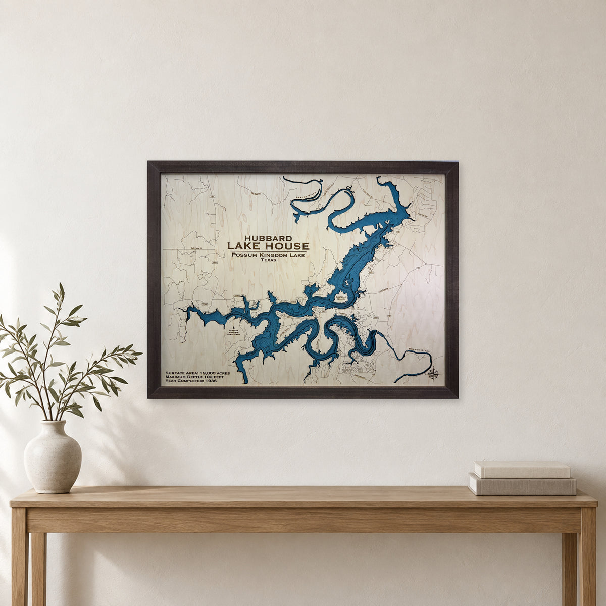Possum Kingdom Hubbard wood map — multilayer, staged room mockup