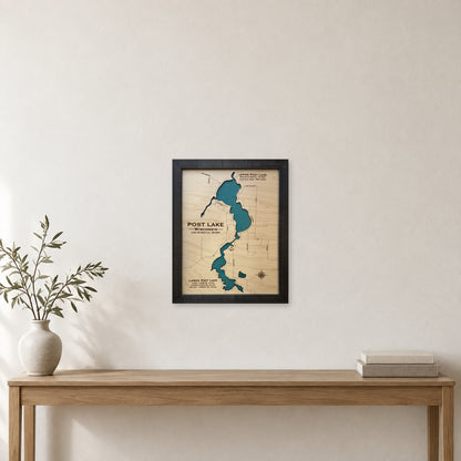 Post Lake wood map — single layer, staged room mockup