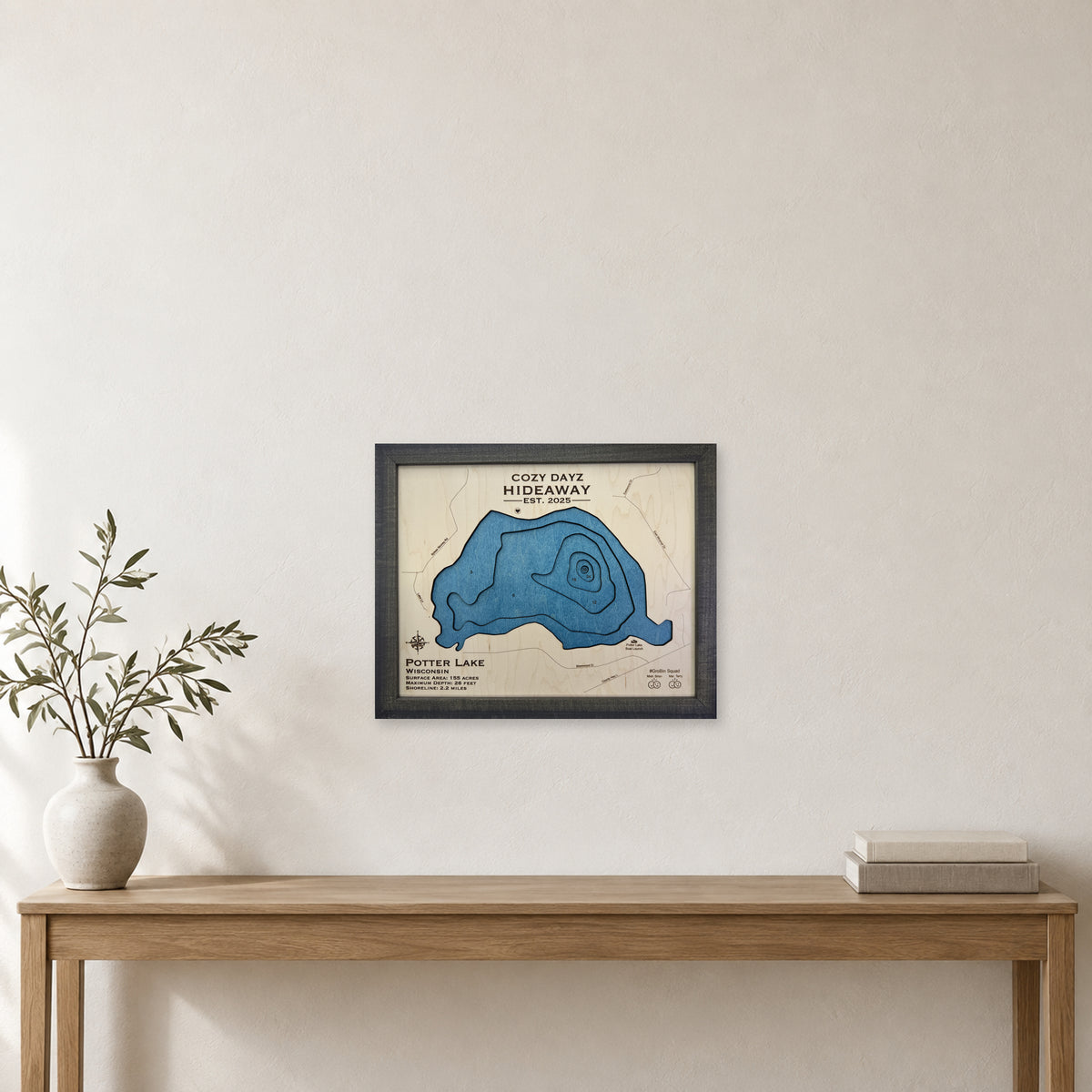 Potter Cozy Dayz wood map — multilayer, staged room mockup