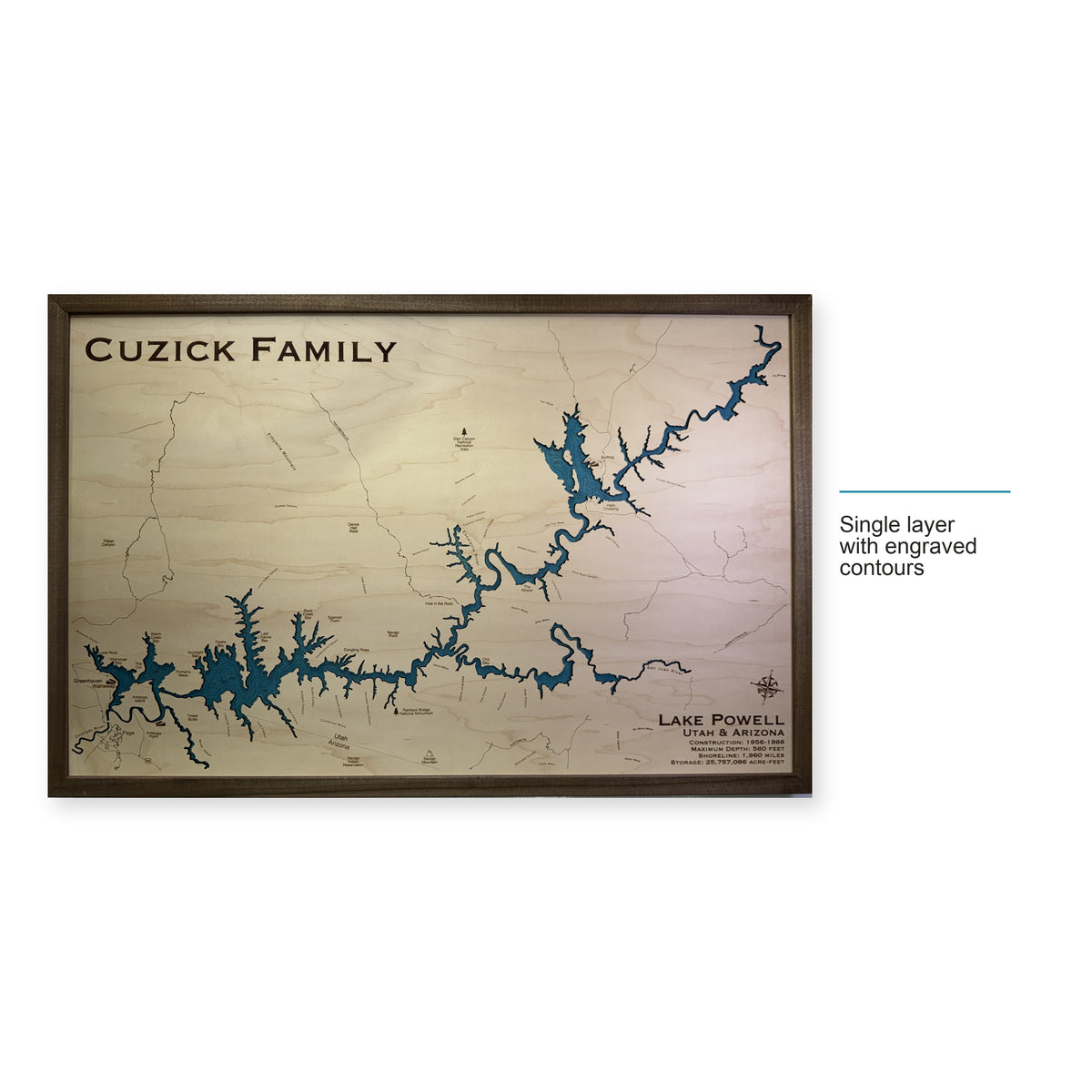 Powell Cuzick wood map — single layer with engraved contours, layer option shown