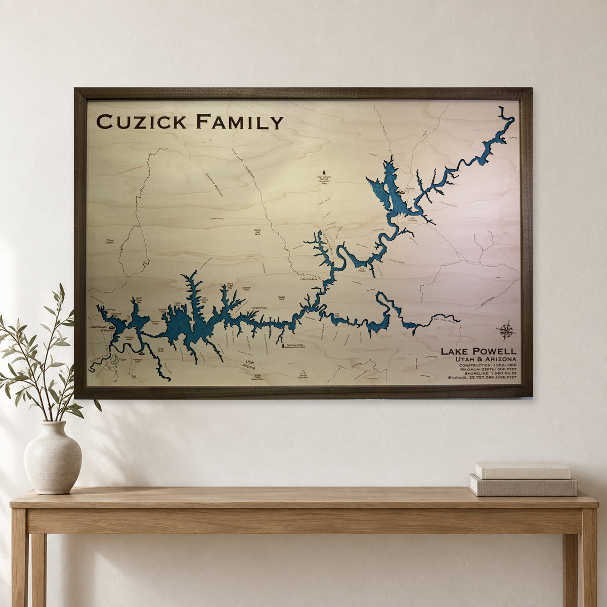 Powell Cuzick wood map — single layer with engraved contours, staged room mockup
