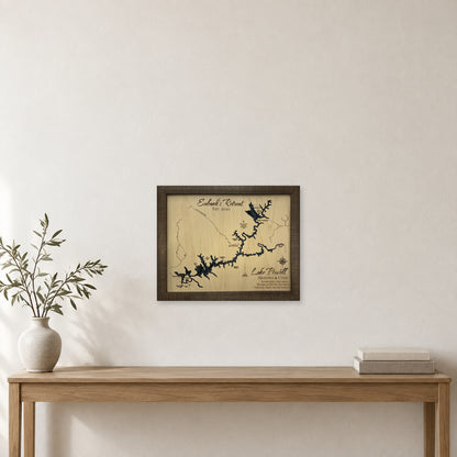 Powell Eubank wood map — multilayer, staged room mockup