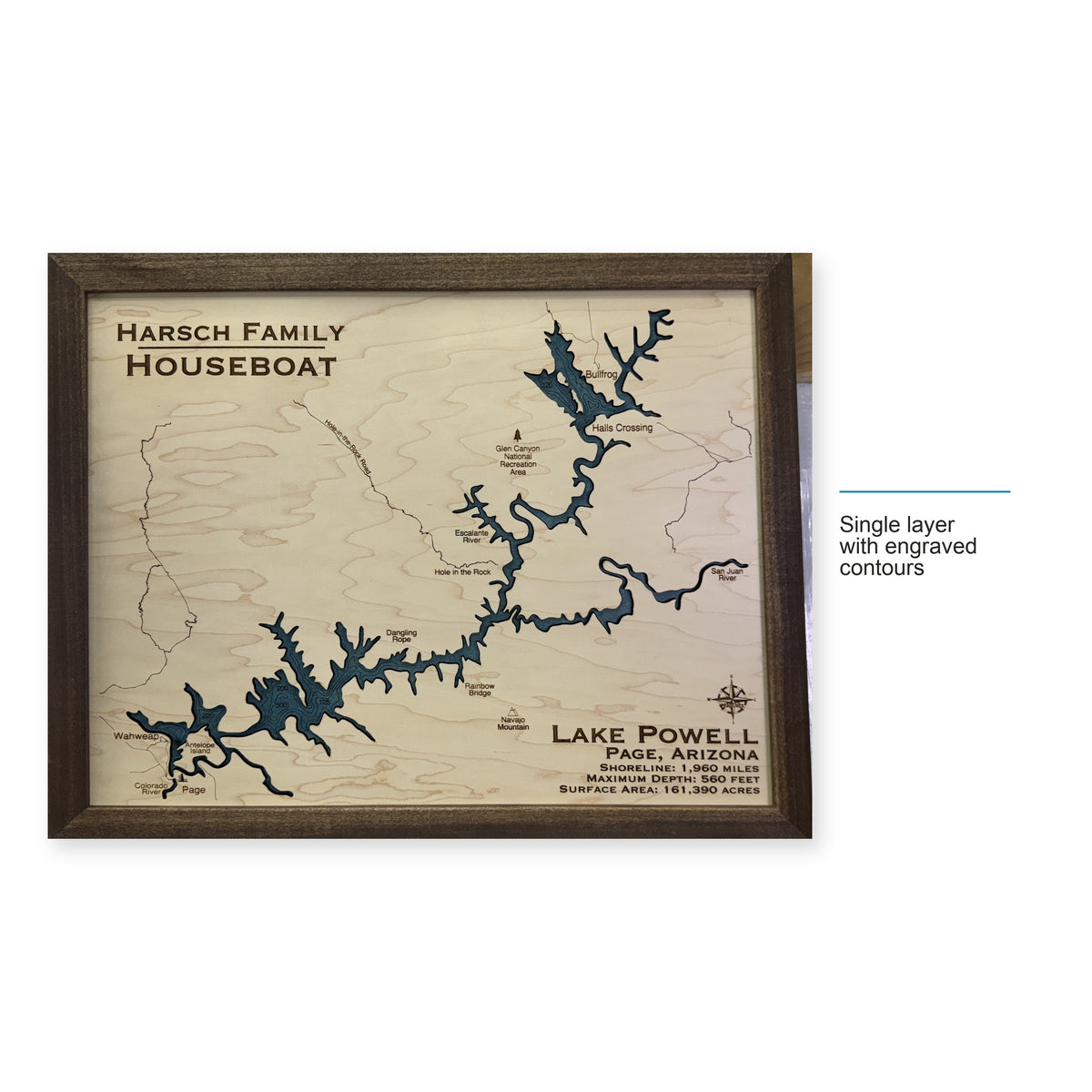 Powell Harsch wood map — single layer with engraved contours, layer option shown