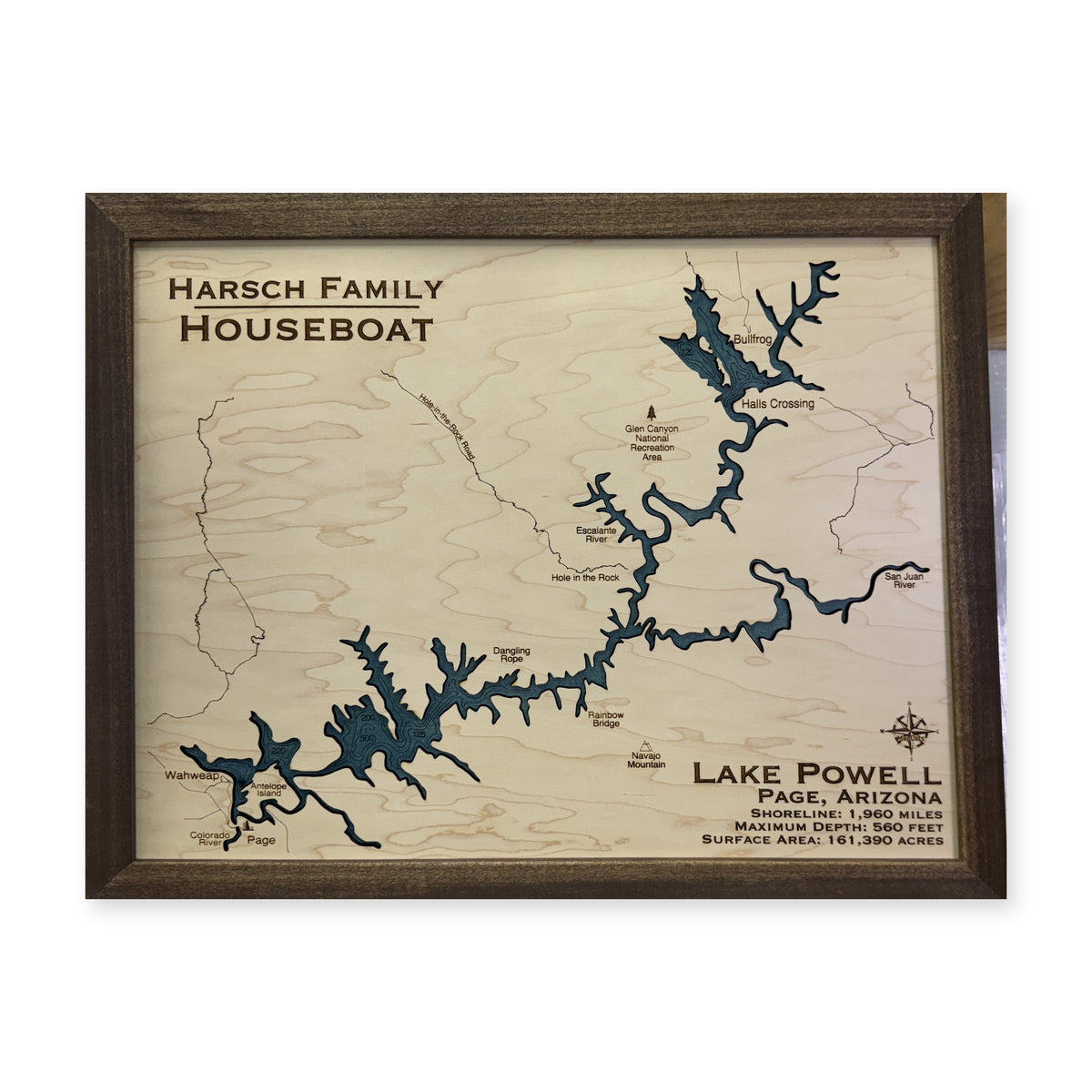 Powell Harsch wood map — single layer with engraved contours, white background