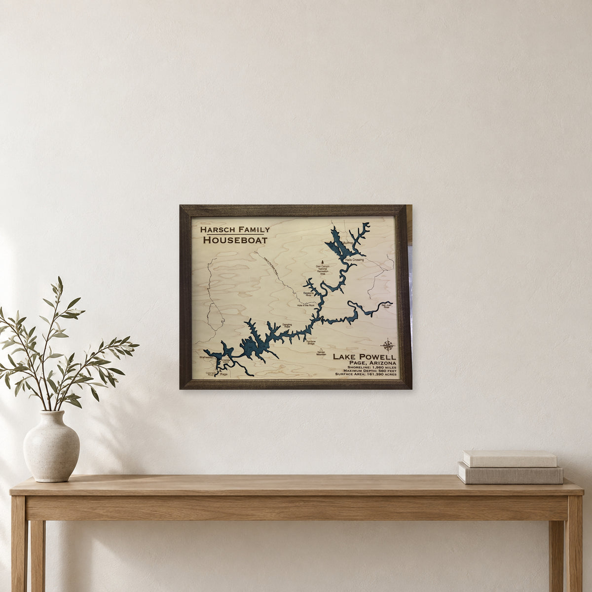 Powell Harsch wood map — single layer with engraved contours, staged room mockup