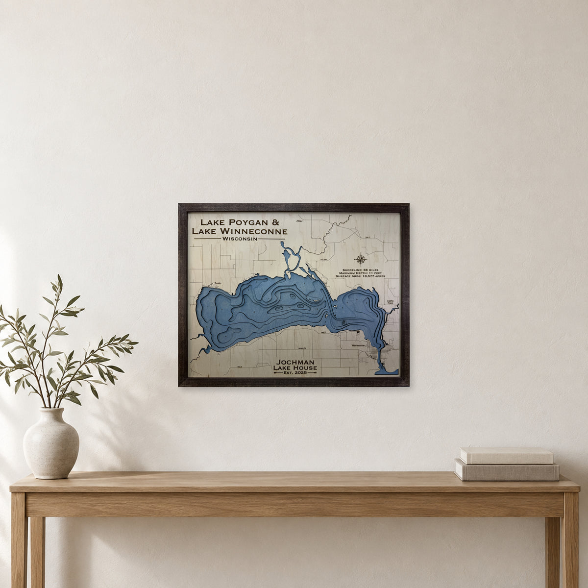 Poygan Winneconne Jochman wood map — multilayer, staged room mockup