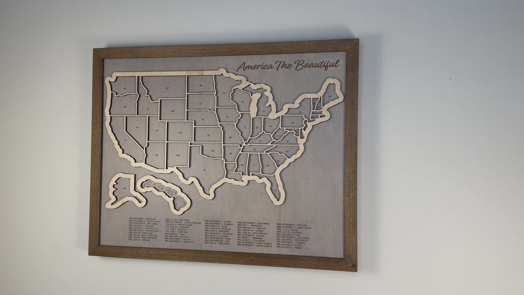 Video of wooden U.S. Travel map with removable pieces. 