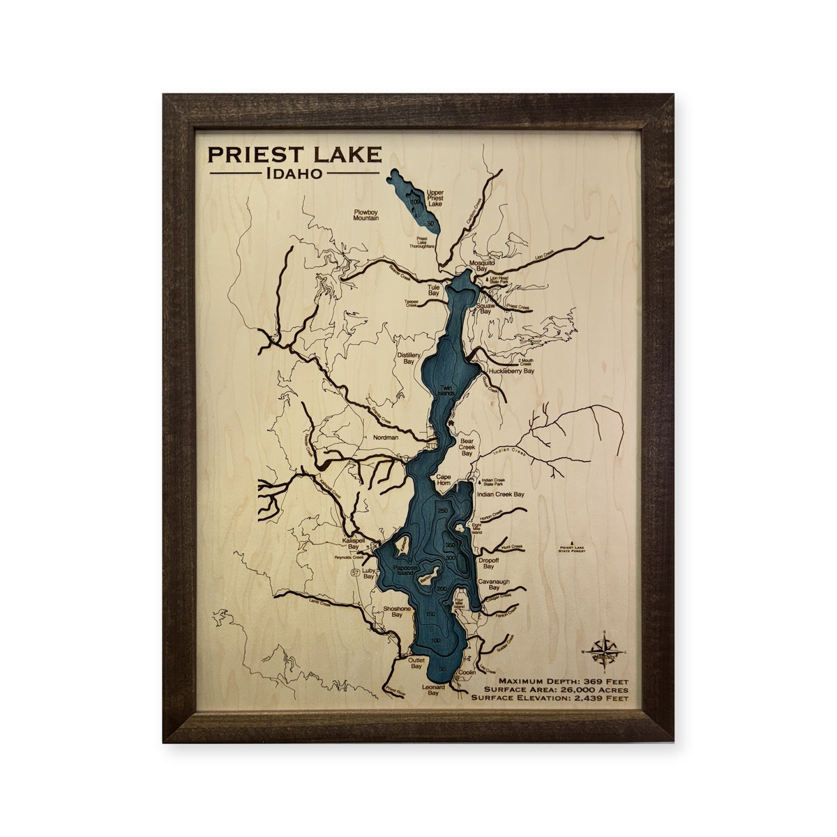Priest Lake wood map — multilayer, white background